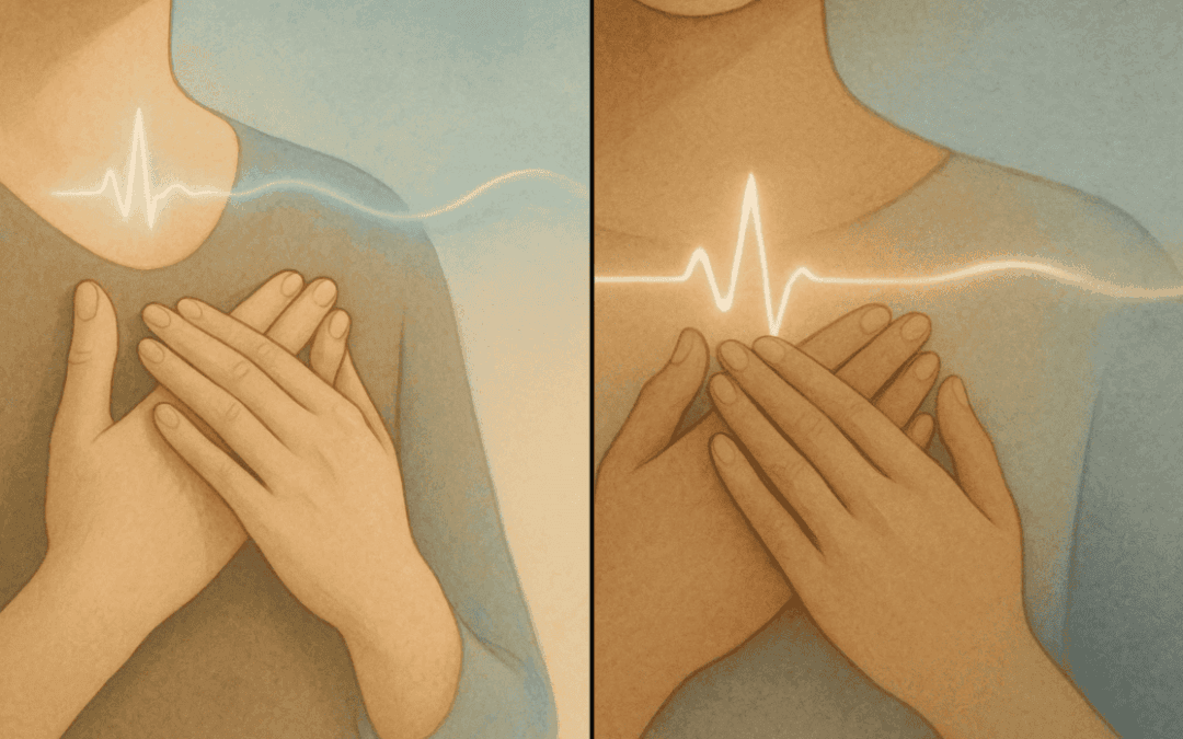 Heart health awareness illustration of person holding chest with glowing heartbeat line.